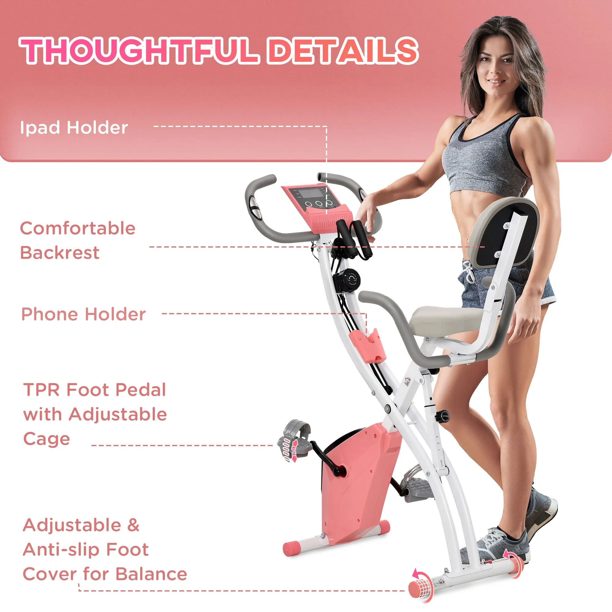 2-in-1 Upright Exercise Bike Stationary Foldable Magnetic Recumbent Cycling with Arm Resistance Bands Pink