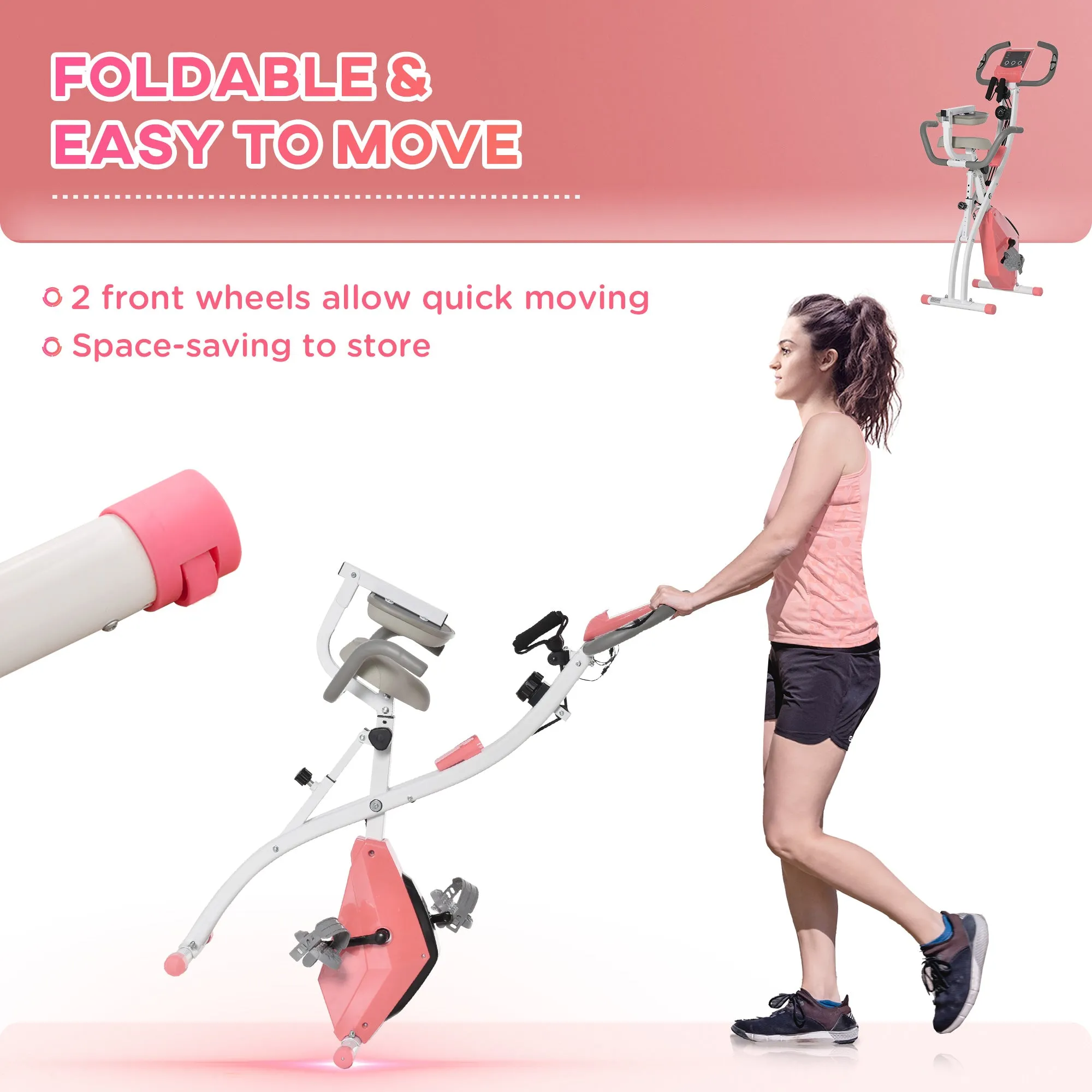 2-in-1 Upright Exercise Bike Stationary Foldable Magnetic Recumbent Cycling with Arm Resistance Bands Pink