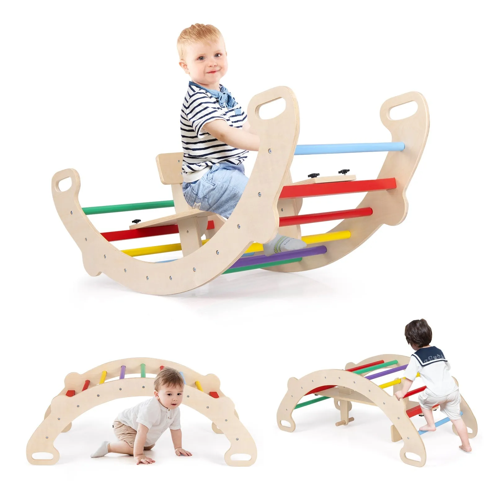 4-in-1 Wooden Climbing Toys for Toddler Rocking Horse Arch with Backrest-Multicolor