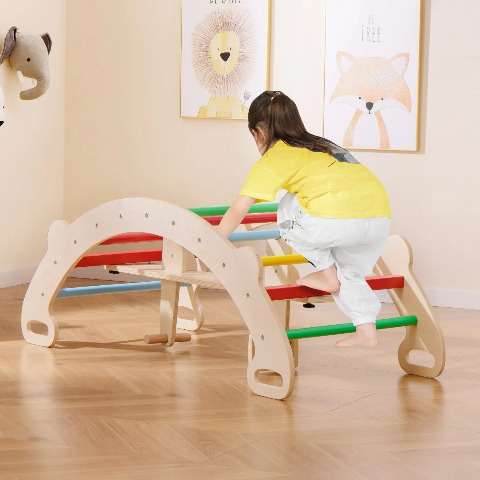 4-in-1 Wooden Climbing Toys for Toddler Rocking Horse Arch with Backrest-Multicolor