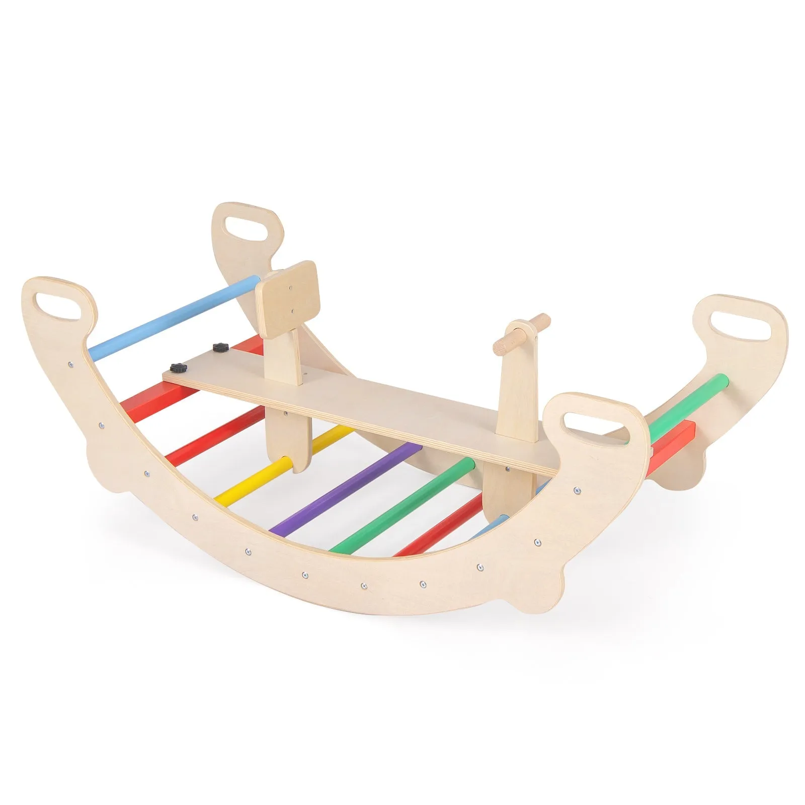 4-in-1 Wooden Climbing Toys for Toddler Rocking Horse Arch with Backrest-Multicolor