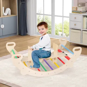 4-in-1 Wooden Climbing Toys for Toddler Rocking Horse Arch with Backrest-Multicolor