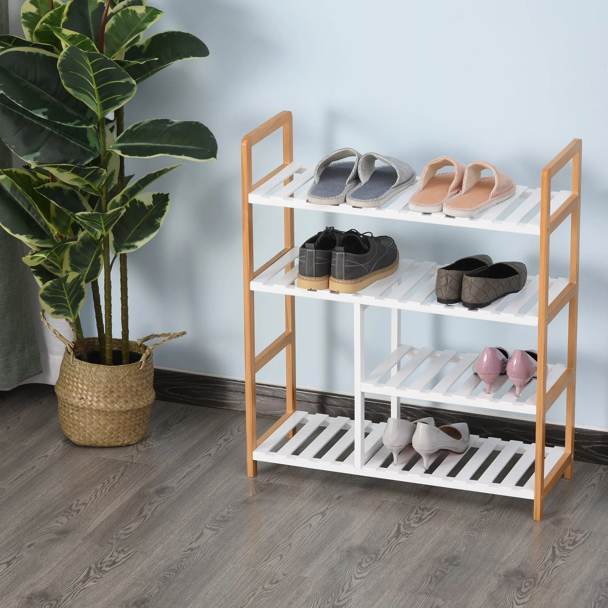 4-Tier Shoe Rack Simple Home Storage w/ Wood Frame Boot Compartment Slatted Shelves Trainer Sandals Stylish Hallway Furniture