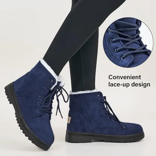 Alicegana Women Boots Ankle Platform Cotton Warm Fur Snow Boots Winter Lace Up Flat Booties Cute Plus Size Comfortable Shoes