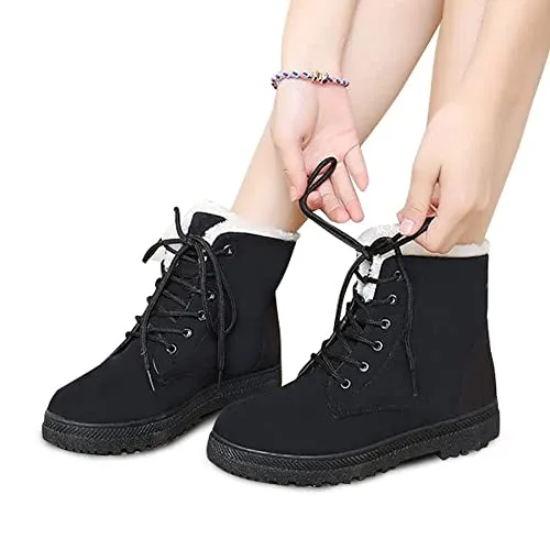 Alicegana Women Boots Ankle Platform Cotton Warm Fur Snow Boots Winter Lace Up Flat Booties Cute Plus Size Comfortable Shoes