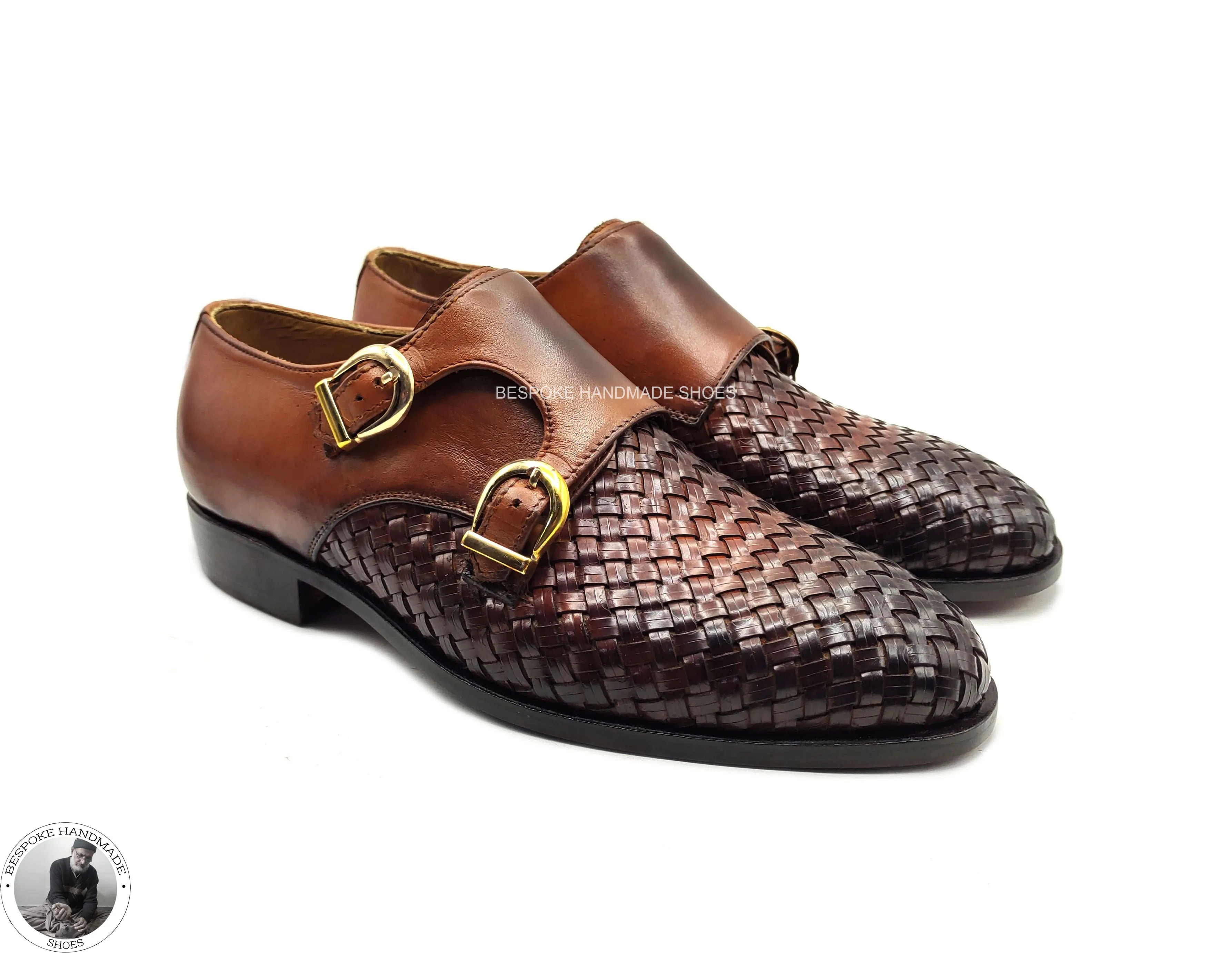 Bespoke Handmade Dress Woven Leather Shoes For Men's,Double Monk Strap Derby Casual Shoes