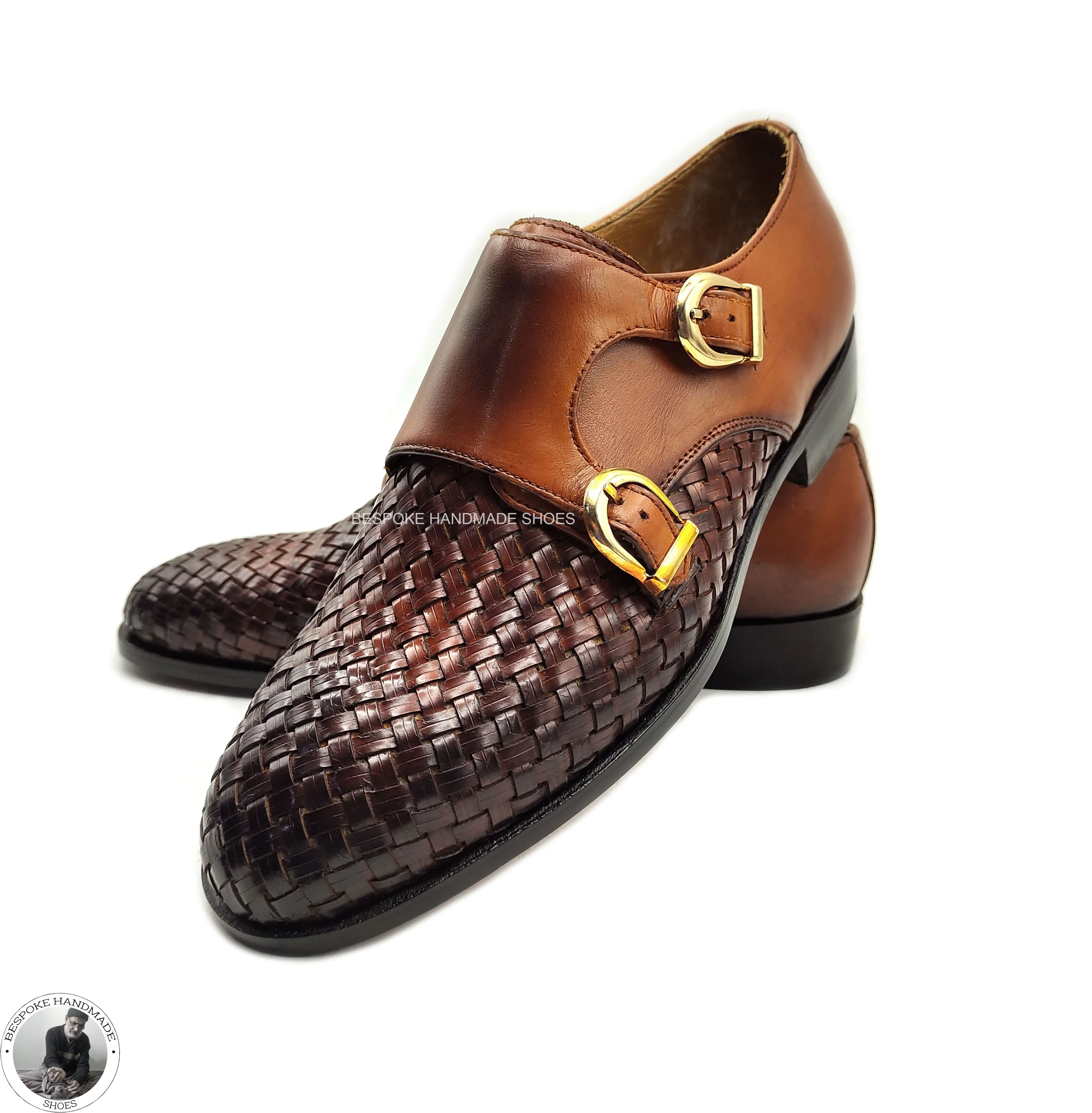 Bespoke Handmade Dress Woven Leather Shoes For Men's,Double Monk Strap Derby Casual Shoes