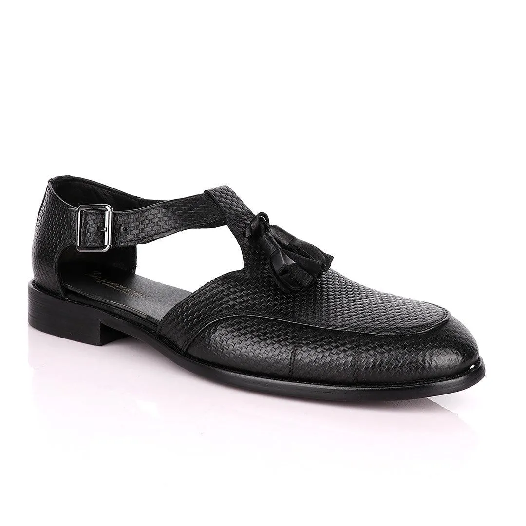 Billionaire Exotic Black Weaven with Tassel Cover Leather Sandal