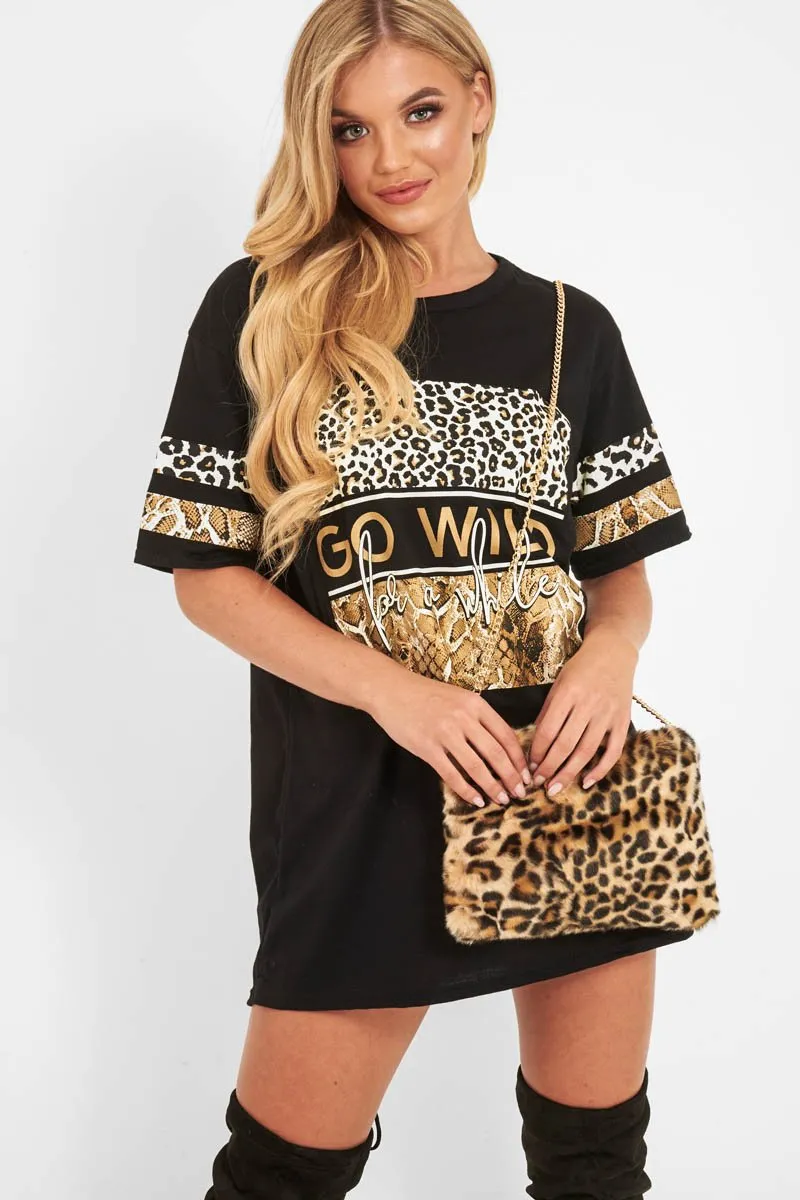 Black Leopard Go Wild Slogan T-Shirt - Matylda