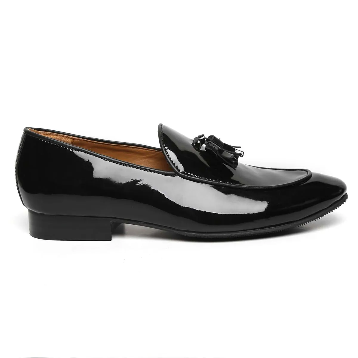 Black Patent Leather Apron Toe Tassel Slip-On Shoes By Brune & Bareskin