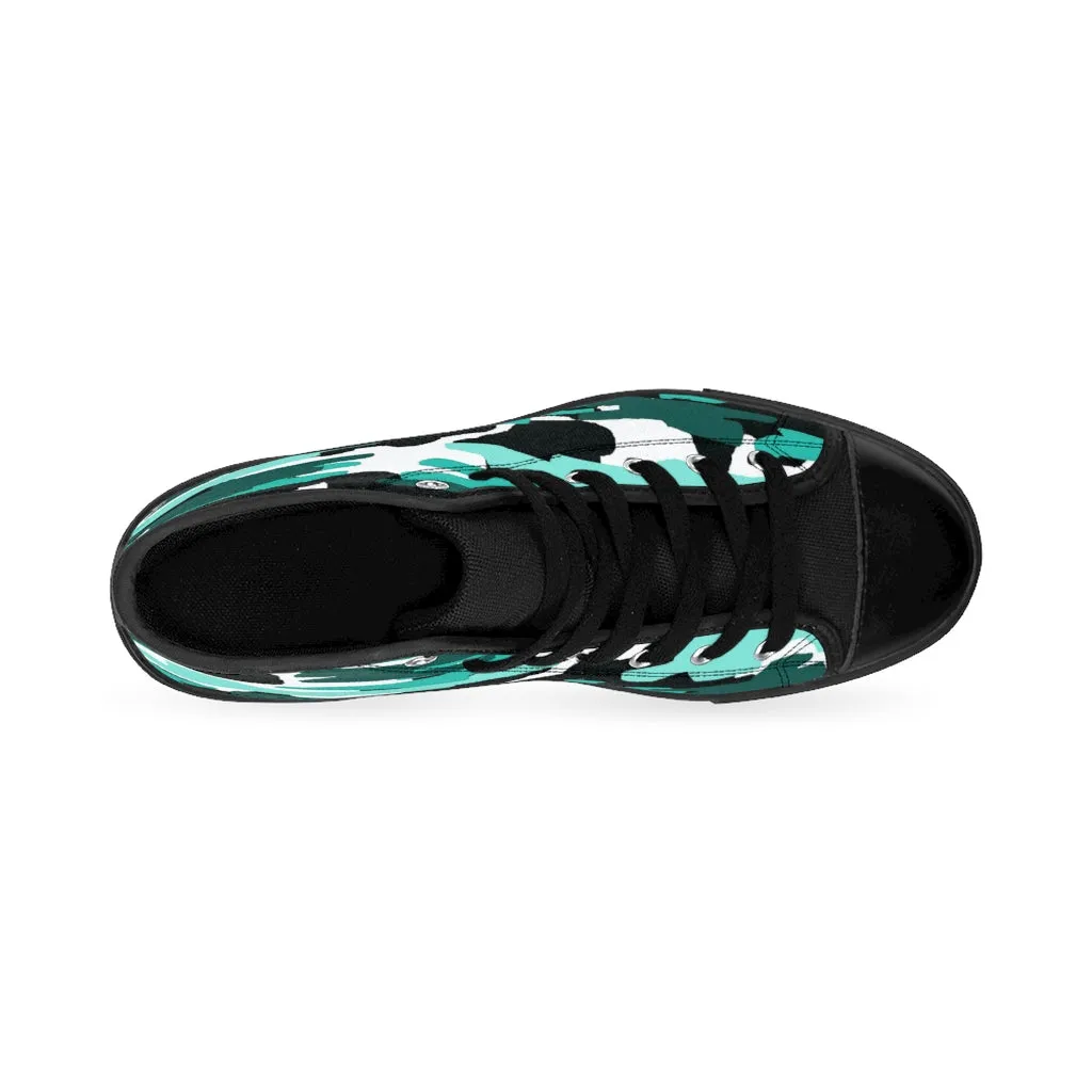 Blue Army Print Women's Sneakers, Aqua Camo Designer High-top Sneakers Tennis Shoes