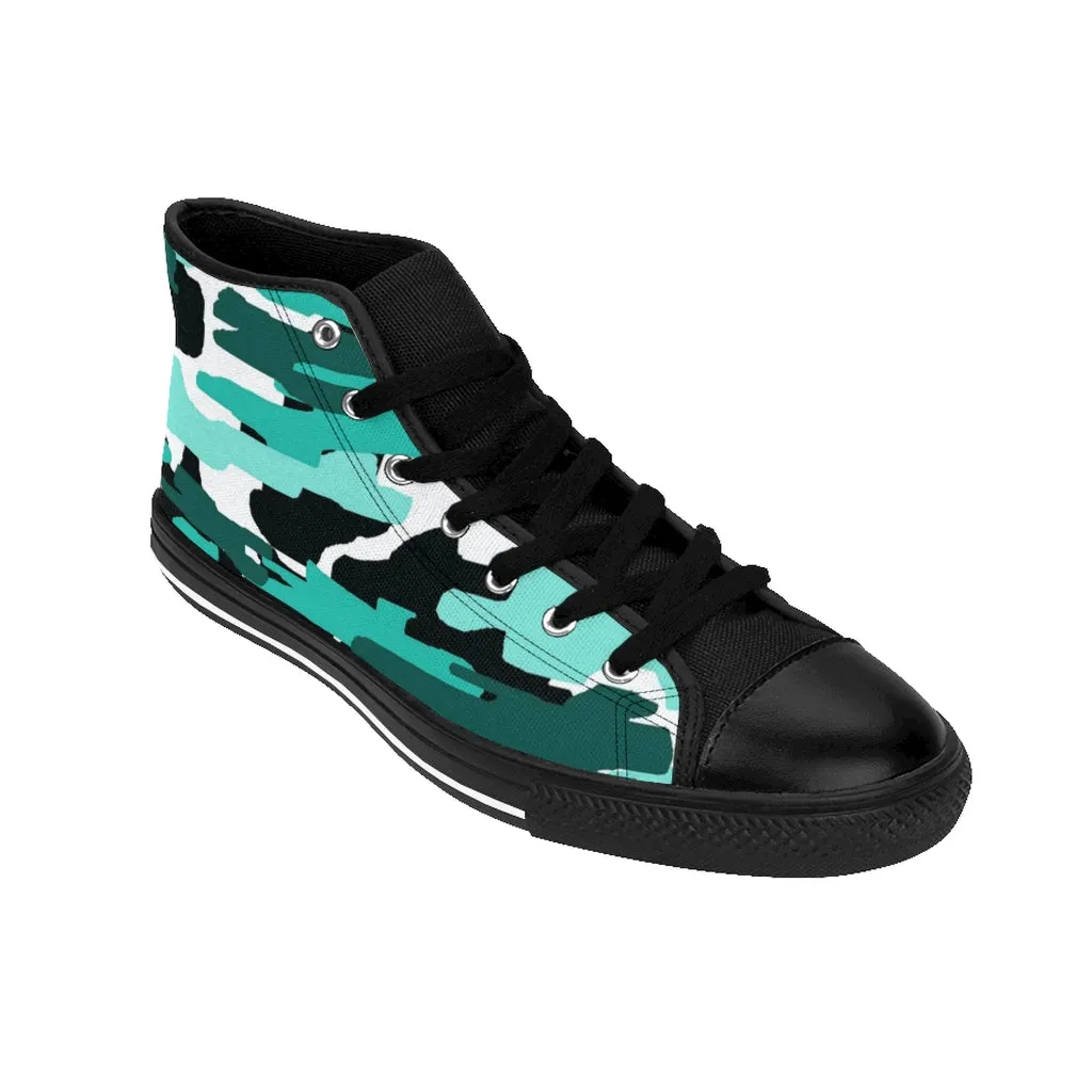 Blue Army Print Women's Sneakers, Aqua Camo Designer High-top Sneakers Tennis Shoes