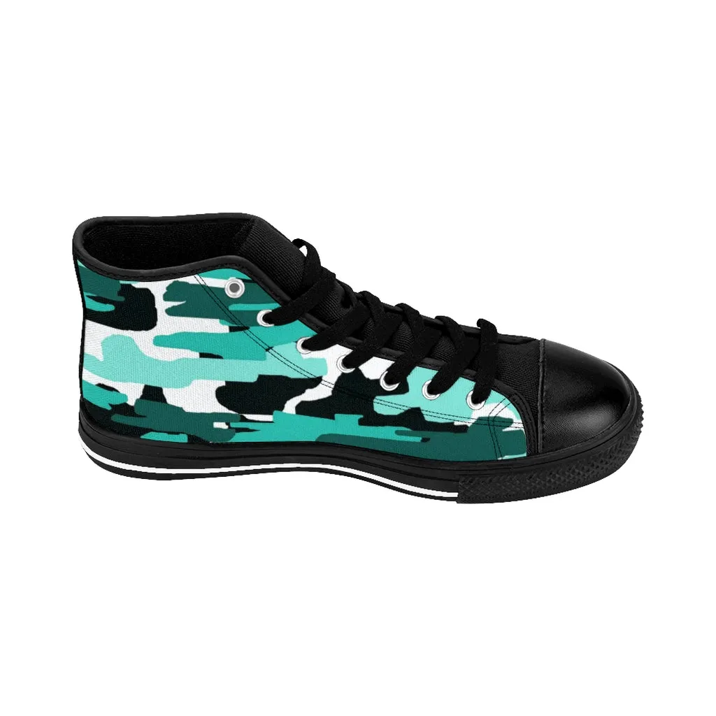 Blue Army Print Women's Sneakers, Aqua Camo Designer High-top Sneakers Tennis Shoes