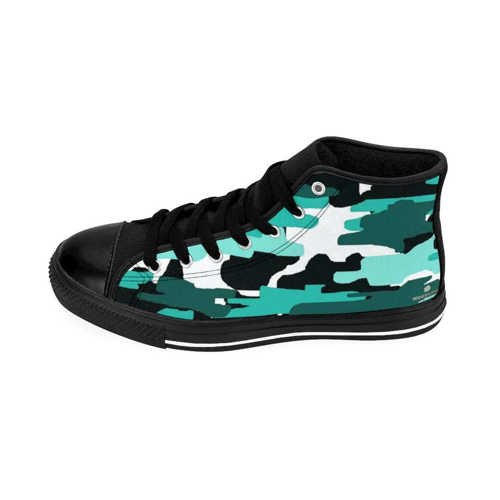 Blue Army Print Women's Sneakers, Aqua Camo Designer High-top Sneakers Tennis Shoes