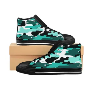 Blue Army Print Women's Sneakers, Aqua Camo Designer High-top Sneakers Tennis Shoes