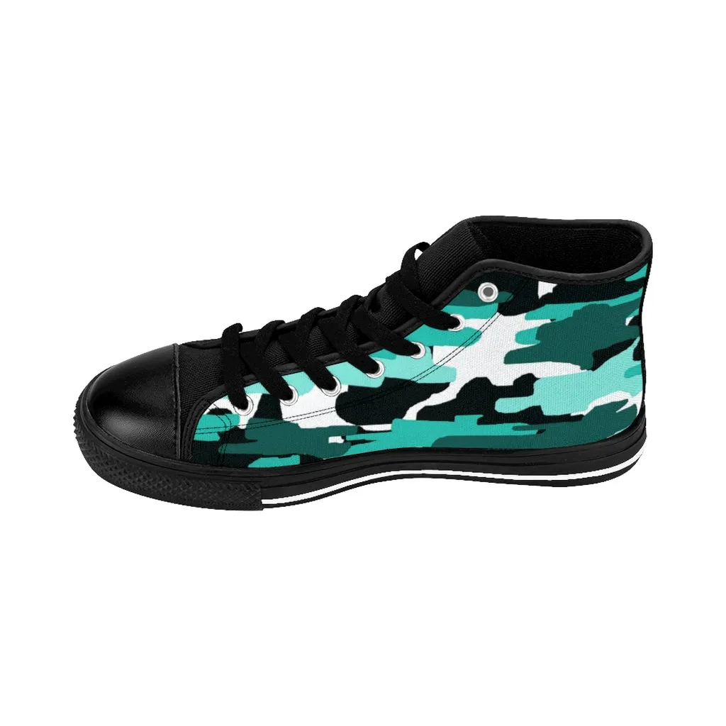 Blue Army Print Women's Sneakers, Aqua Camo Designer High-top Sneakers Tennis Shoes