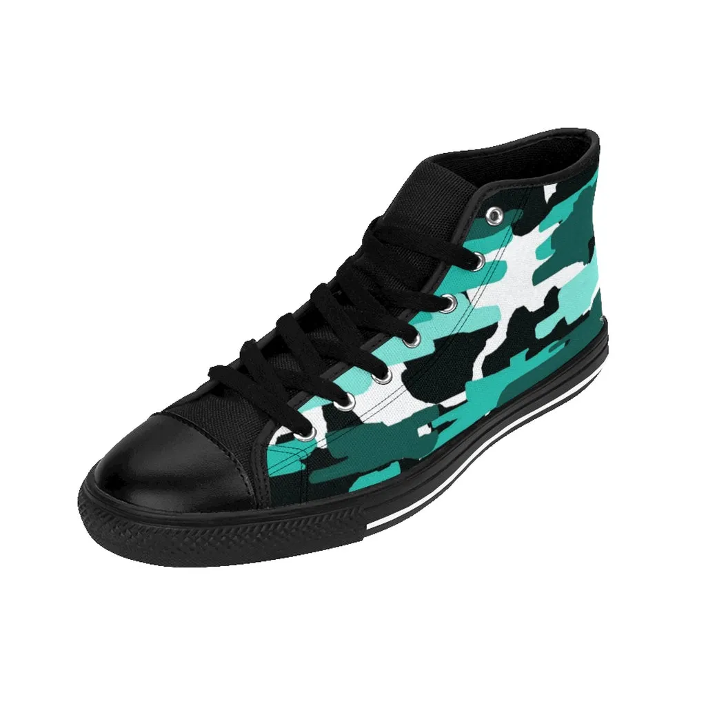 Blue Army Print Women's Sneakers, Aqua Camo Designer High-top Sneakers Tennis Shoes