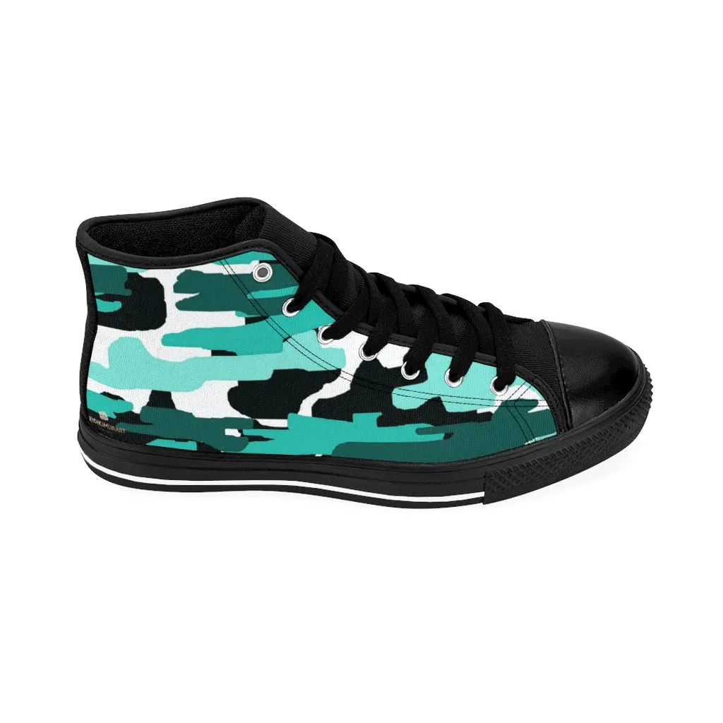 Blue Army Print Women's Sneakers, Aqua Camo Designer High-top Sneakers Tennis Shoes