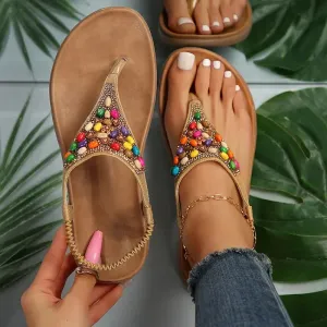 Bohemian Flat Heels Sandals for Women - 2024 Summer Rhinestone Beads Clip Toe Lightweight Beach Flip Flops