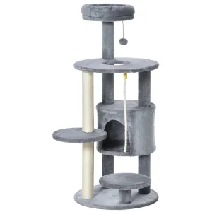 Cat Tree Tower 112cm Climbing Kitten Activity Center with Jute Scratching Post Perch Hanging Ball Toy Teasing Rope grey