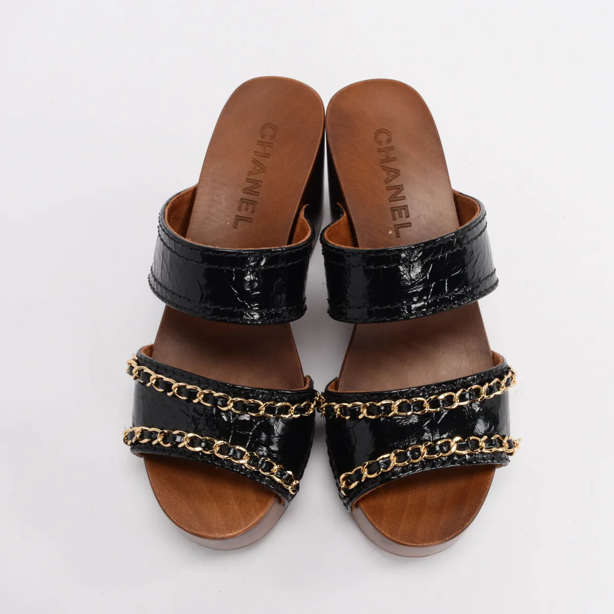 Chanel Black Leather Chain-Trim Wooden Sandals 35