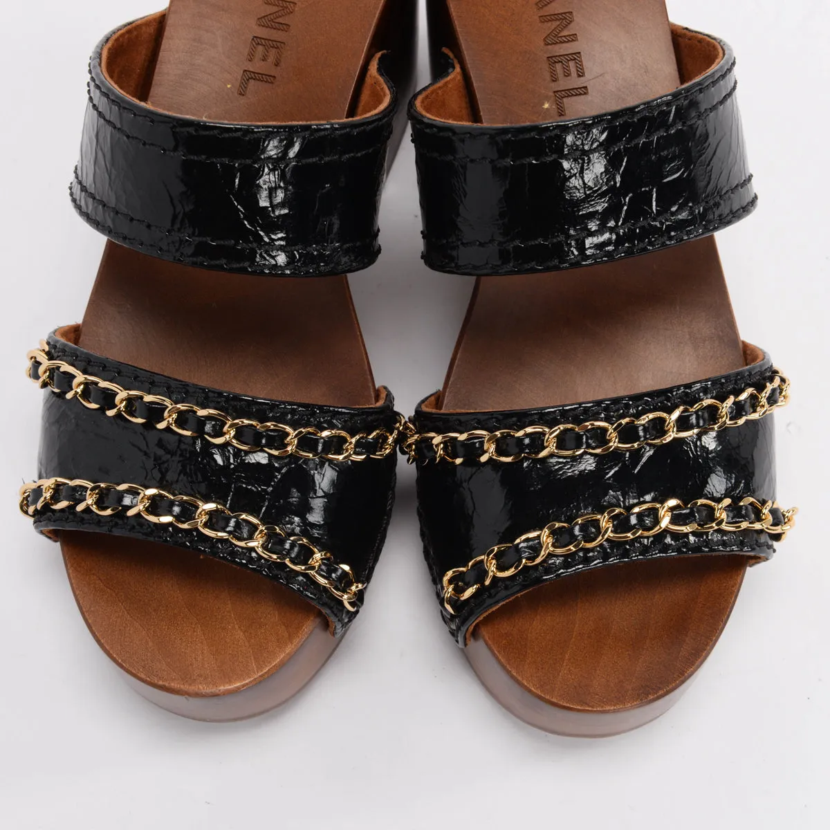 Chanel Black Leather Chain-Trim Wooden Sandals 35