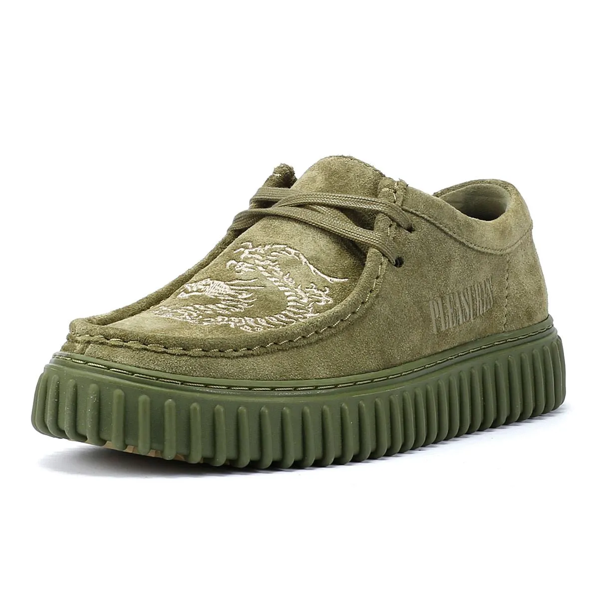 Clarks Main x Pleasures DRGN Lo Suede Green Lace-Up Shoes