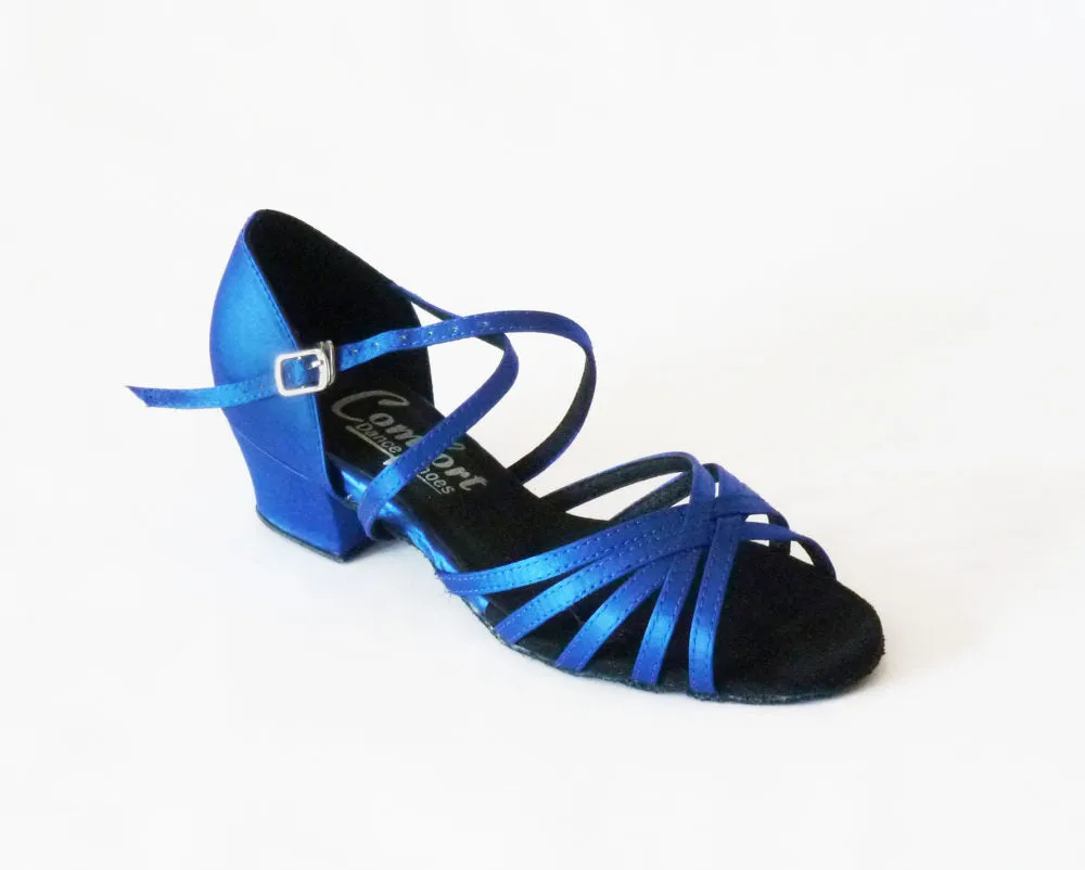 Comfort Dance Shoes, Strappy, Blue Satin, 1.5” Cuban Heel