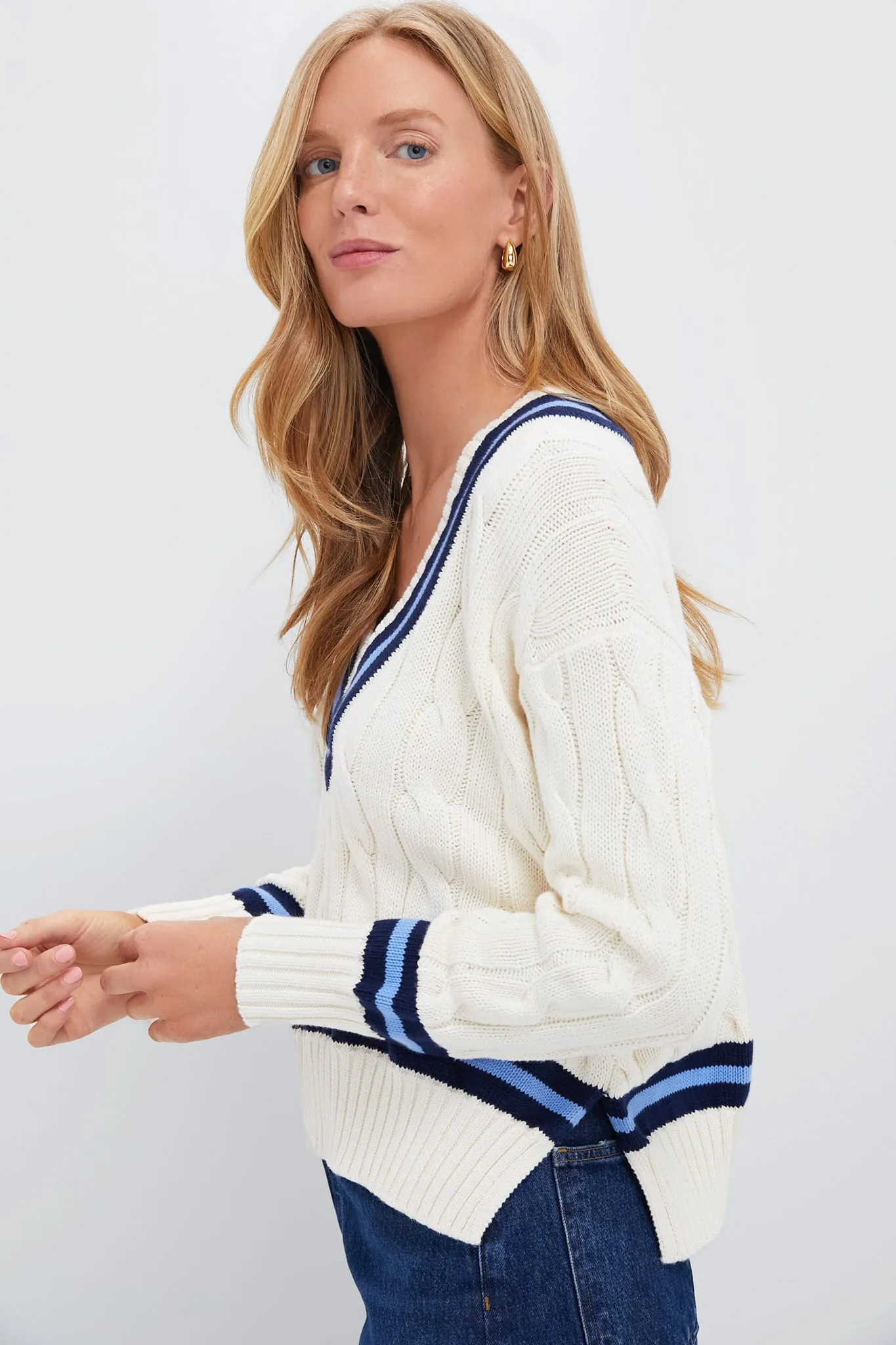 Cream with Navy Stripe Cricket Long Sleeve Pullover