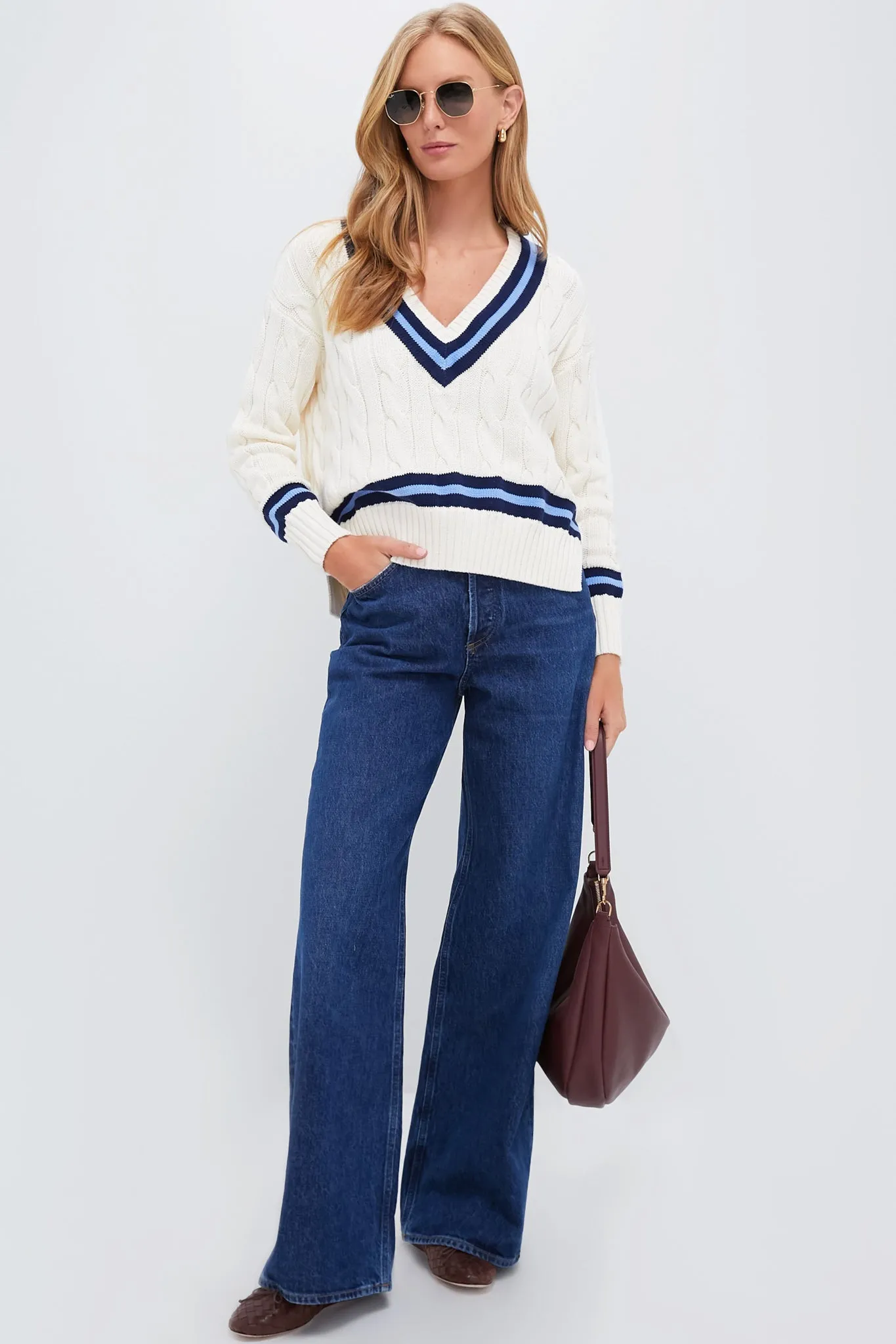 Cream with Navy Stripe Cricket Long Sleeve Pullover