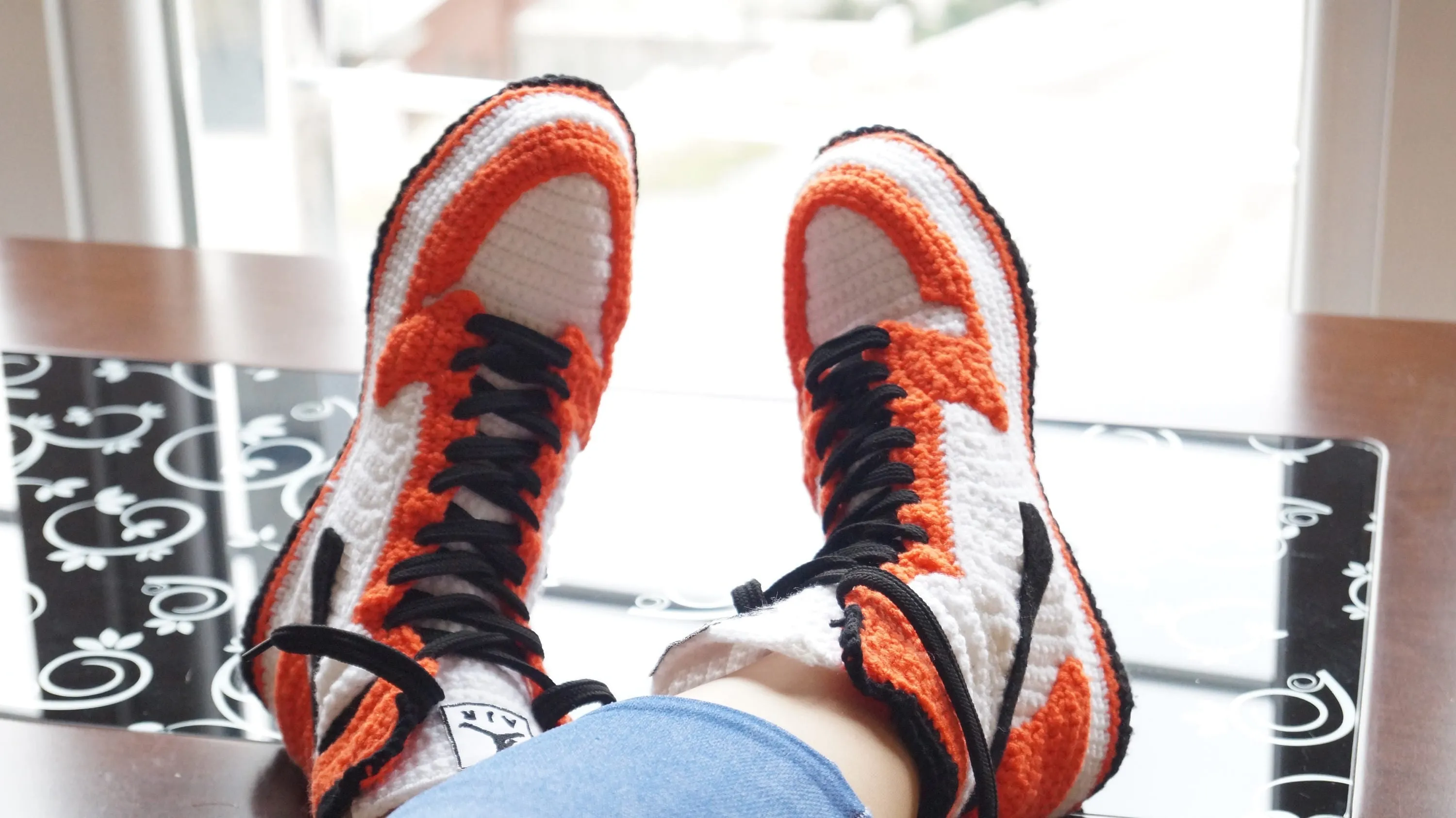 Custom Jordan 1 Orange Crochet Slippers Sneakers - Banned Goods Basketball Shoes Plush