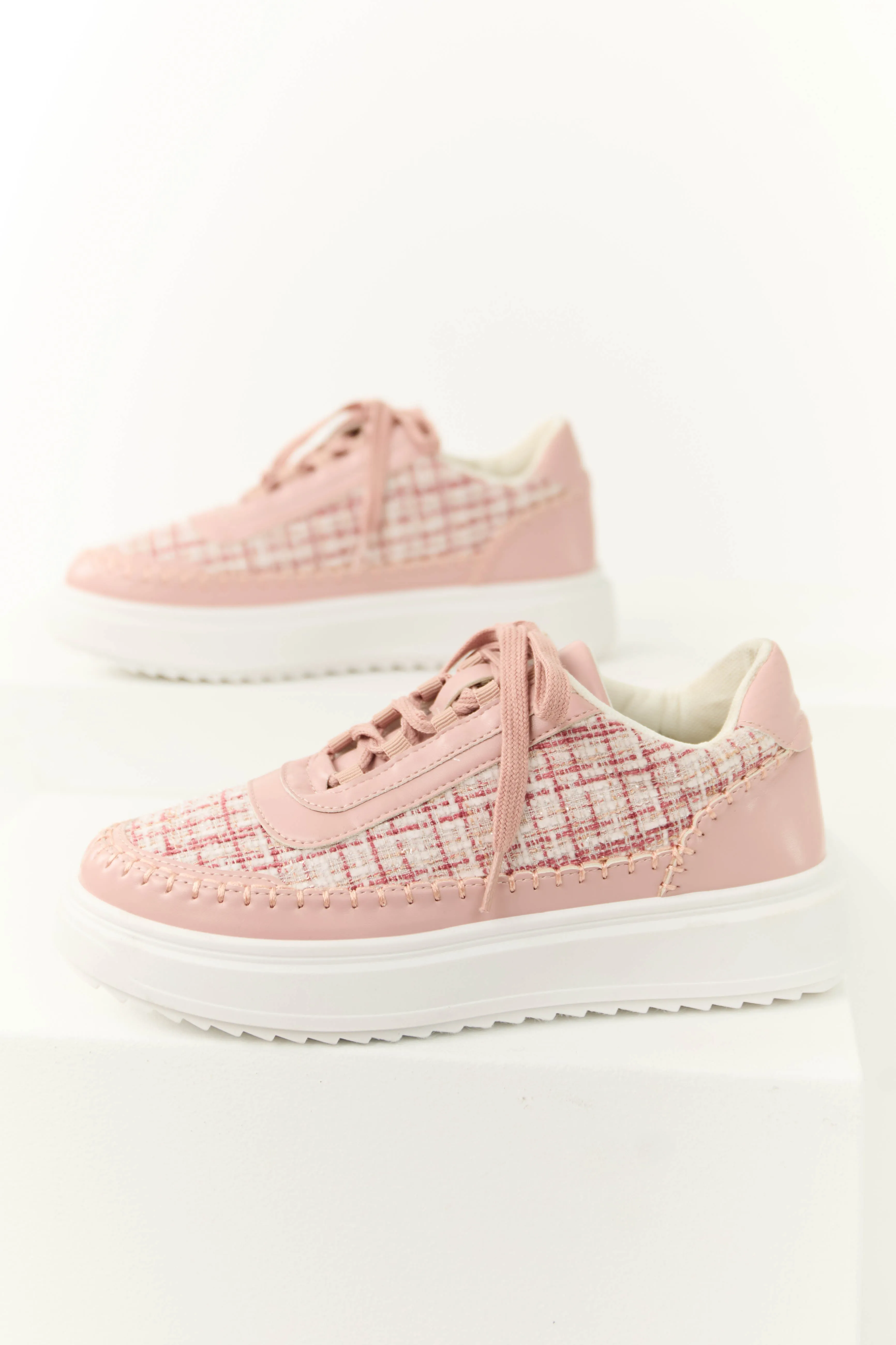 Dusty Blush Plaid Tweed Chunky Lace Up Sneakers