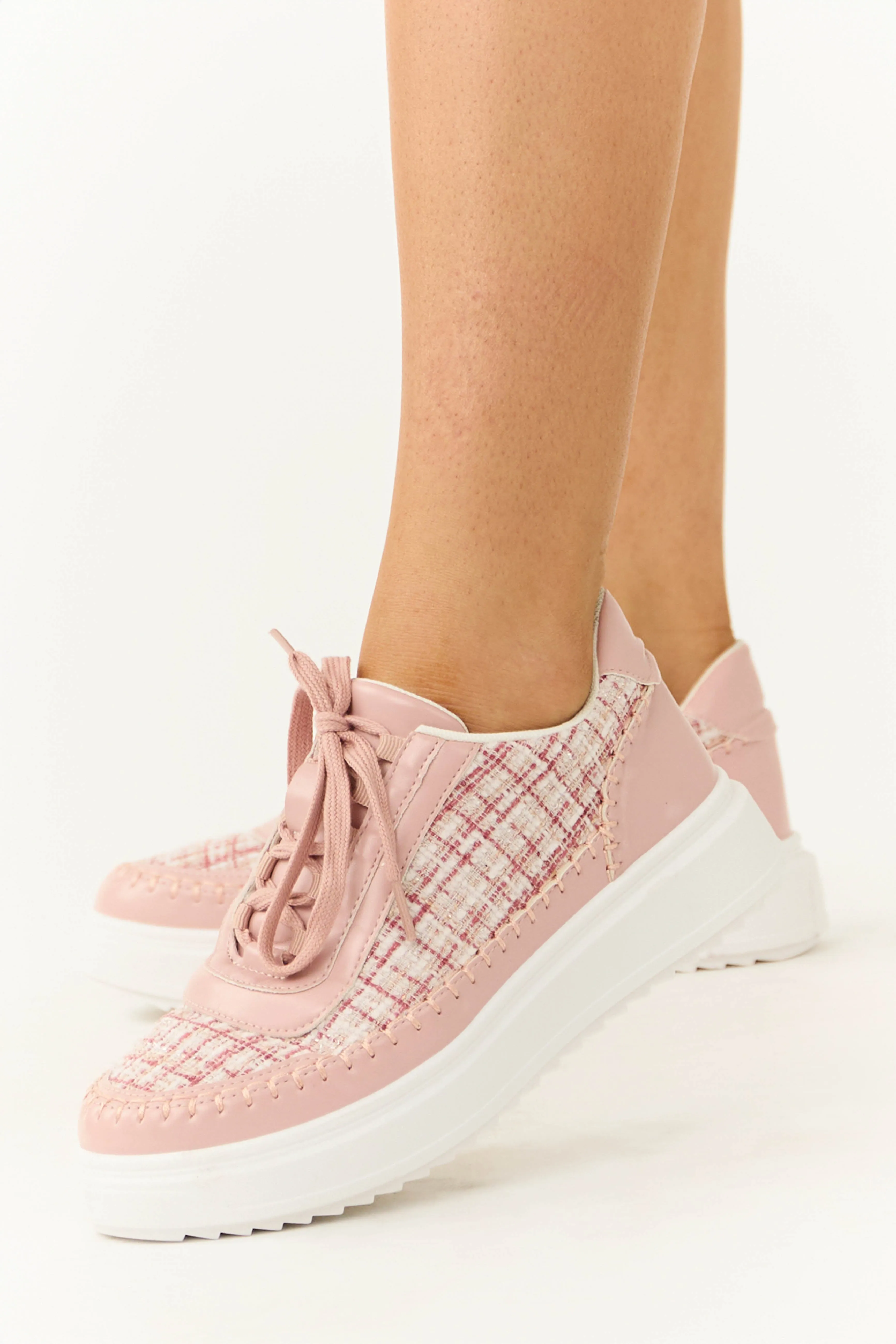 Dusty Blush Plaid Tweed Chunky Lace Up Sneakers