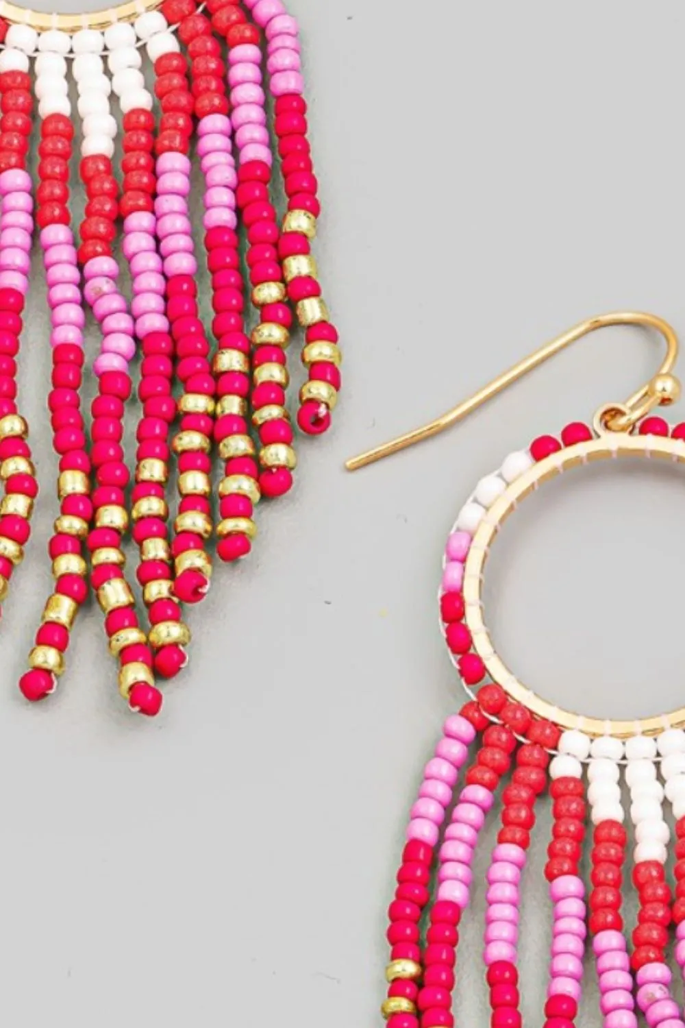 FAME CIRCLE CUTOUT SEED BEADED FRINGE EARRINGS