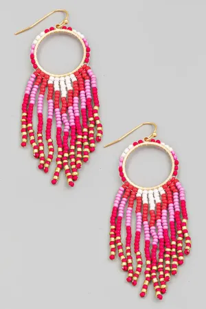 FAME CIRCLE CUTOUT SEED BEADED FRINGE EARRINGS