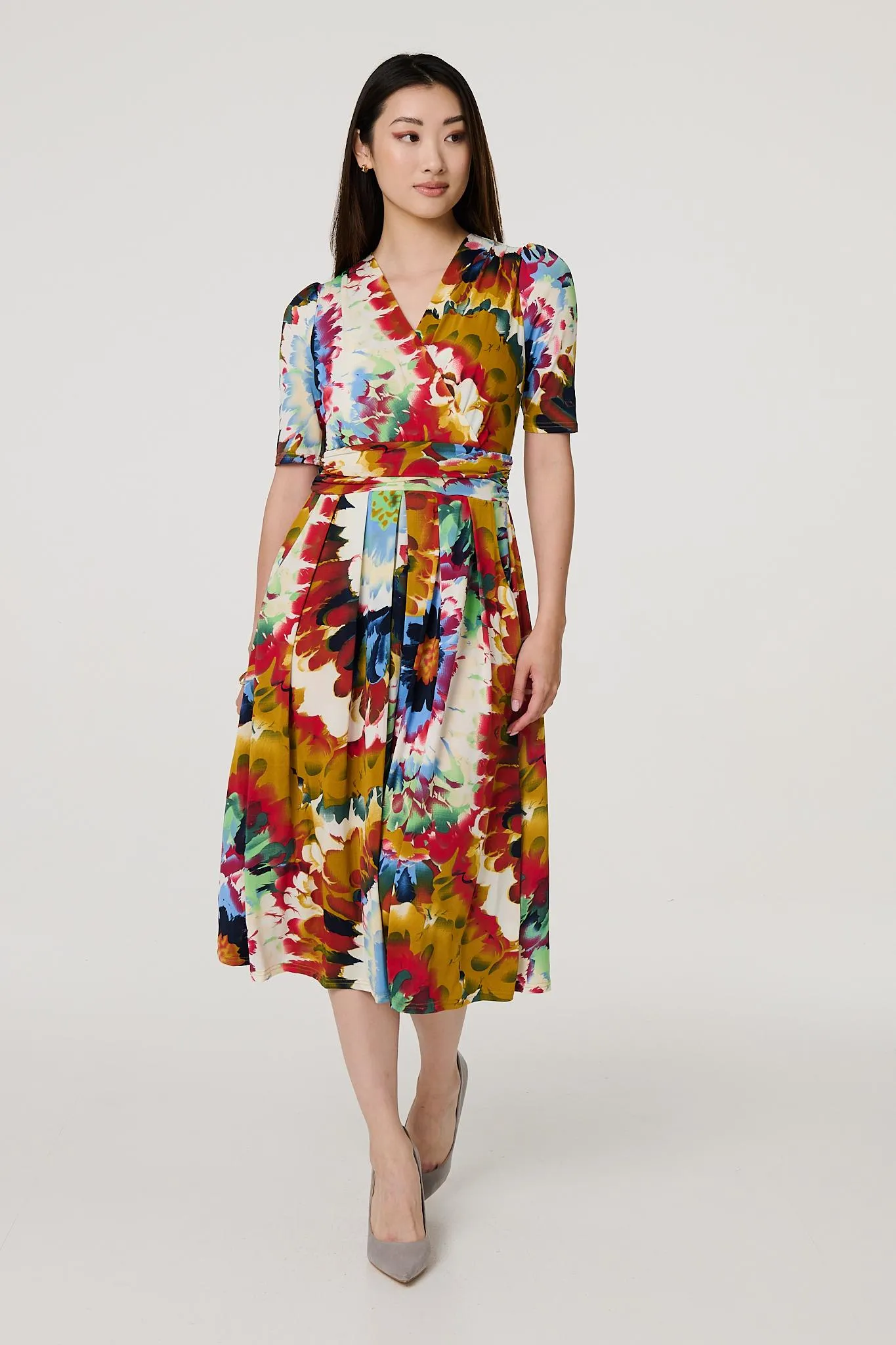 Floral 1/2 Sleeve Midi Faux Wrap Dress