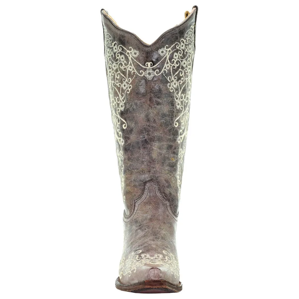 Floral Tooled-Inlay Snip Toe Cowboy Boots