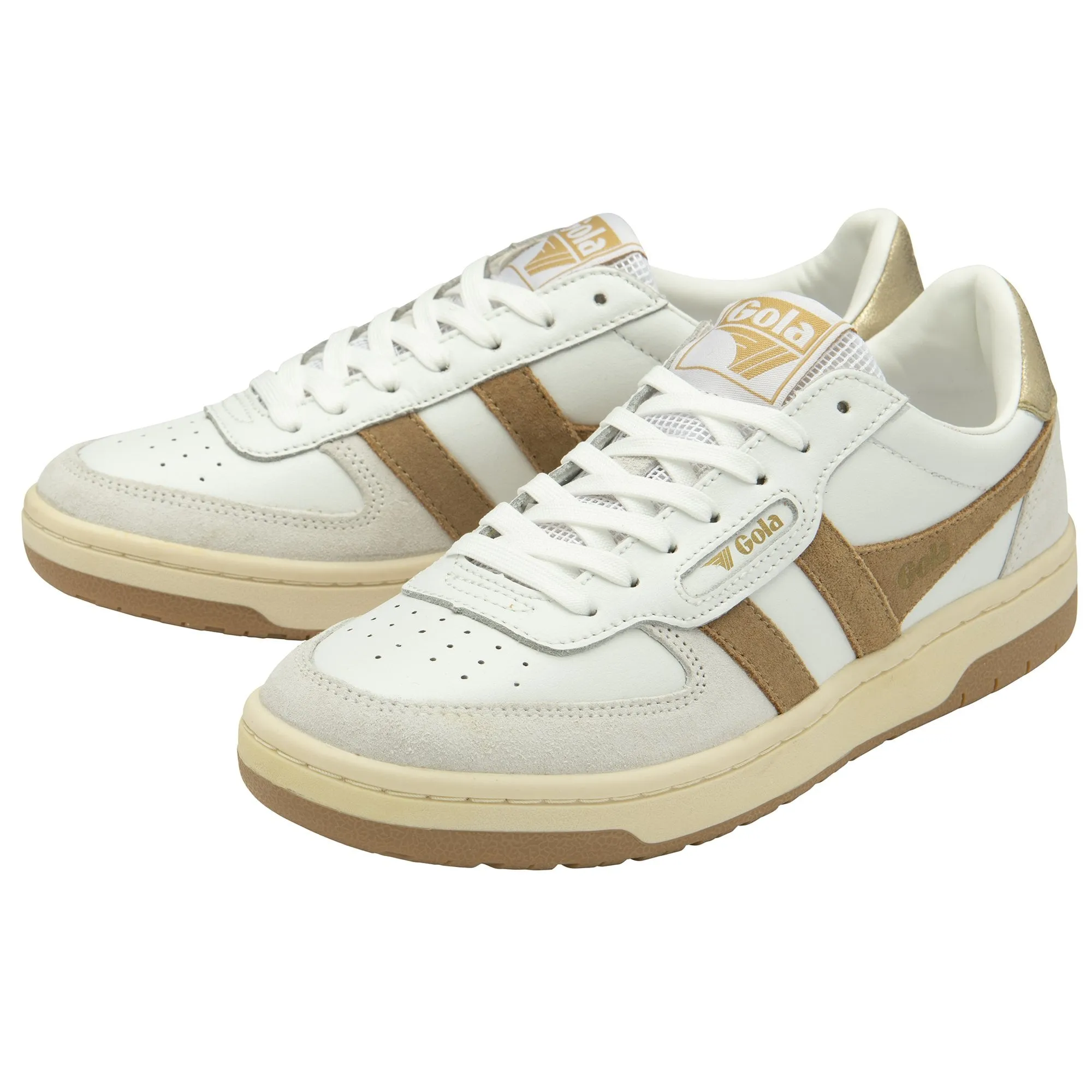 Gola Hawk Ladies White/Light Caramel/Gold Leather Lace Up Trainers