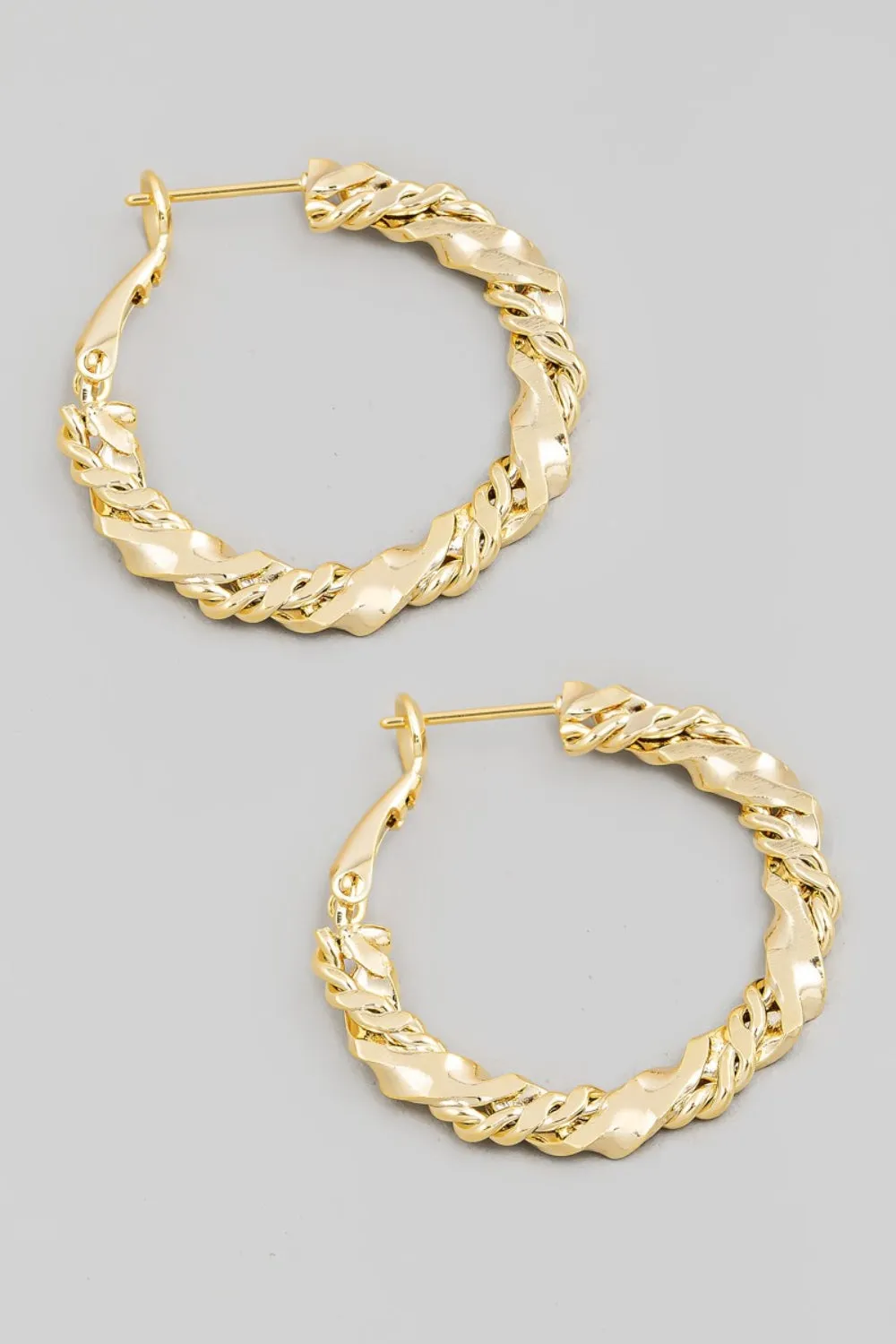 Gold Double Twist Chain Latch Hoop Earrings