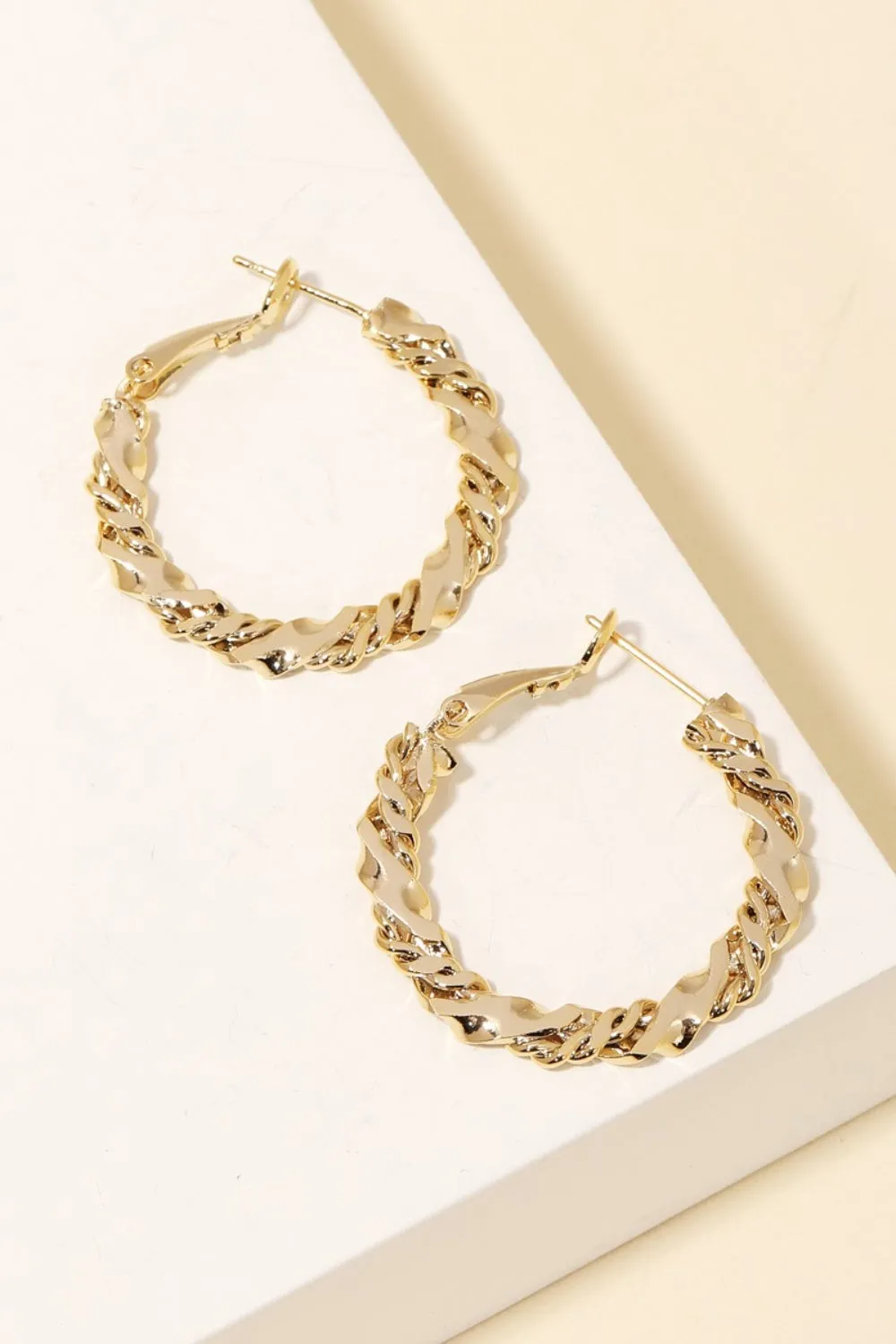 Gold Double Twist Chain Latch Hoop Earrings