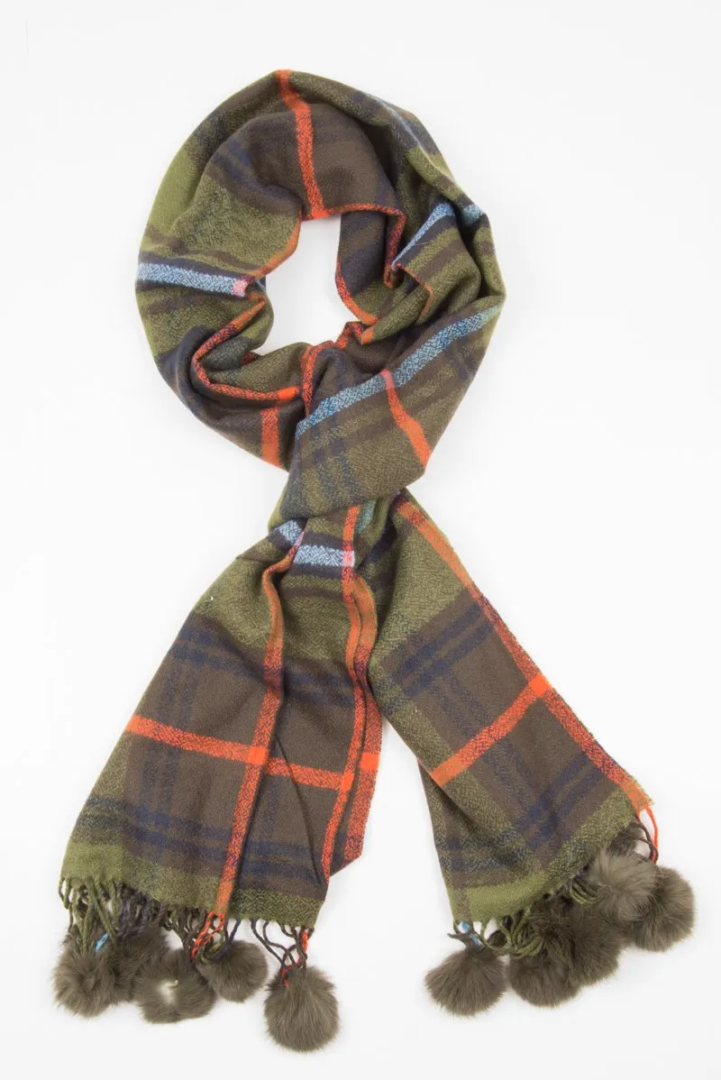 Green Orange Blue Tartan Pom-Pom Scarf - Aayat