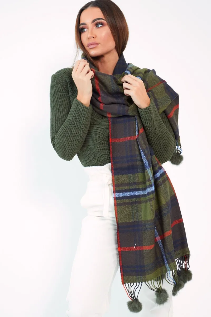 Green Orange Blue Tartan Pom-Pom Scarf - Aayat