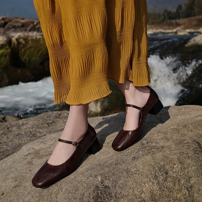 Handmade Genuine Leather Mary Jane Pumps Square Toe Dress Shoes in Brown/Black