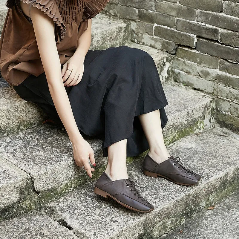 Handmade Leather Lace-Up Casual Shoes Retro Flats in Coffee/Black