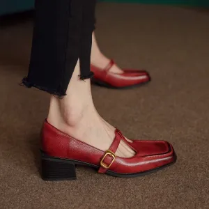 Handmade Leather T Strap Mary Jane Shoes Square Toe in Brown/Red