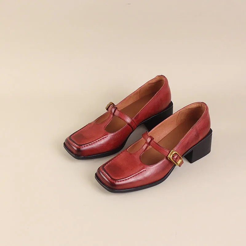 Handmade Leather T Strap Mary Jane Shoes Square Toe in Brown/Red