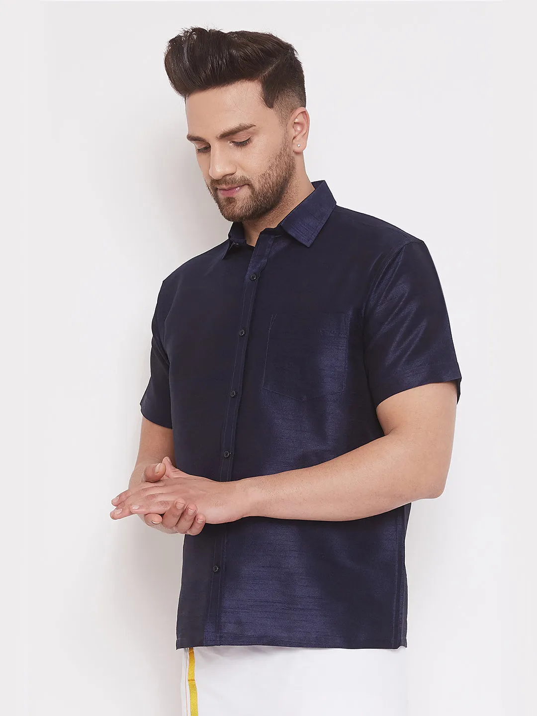 Jashvi Men's Navy Blue Silk Blend Ethnic Shirt