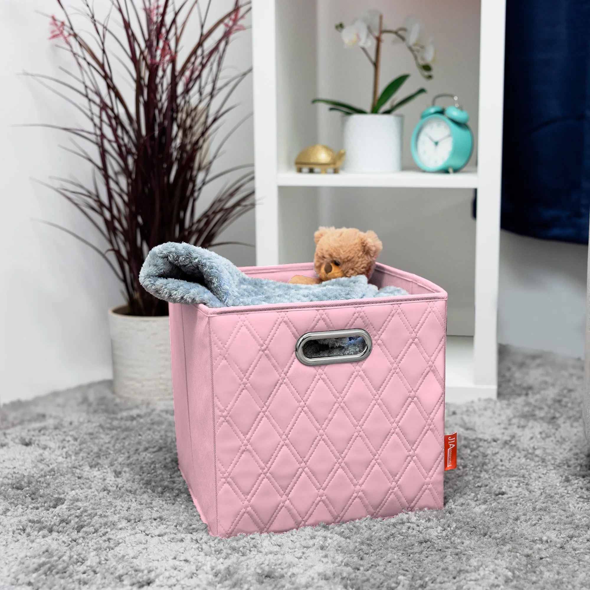 JIAessentials 11 inch Foldable Diamond Patterned Faux Leather Storage Cube Bins Set of Two with Dual Handles - 11" Pink