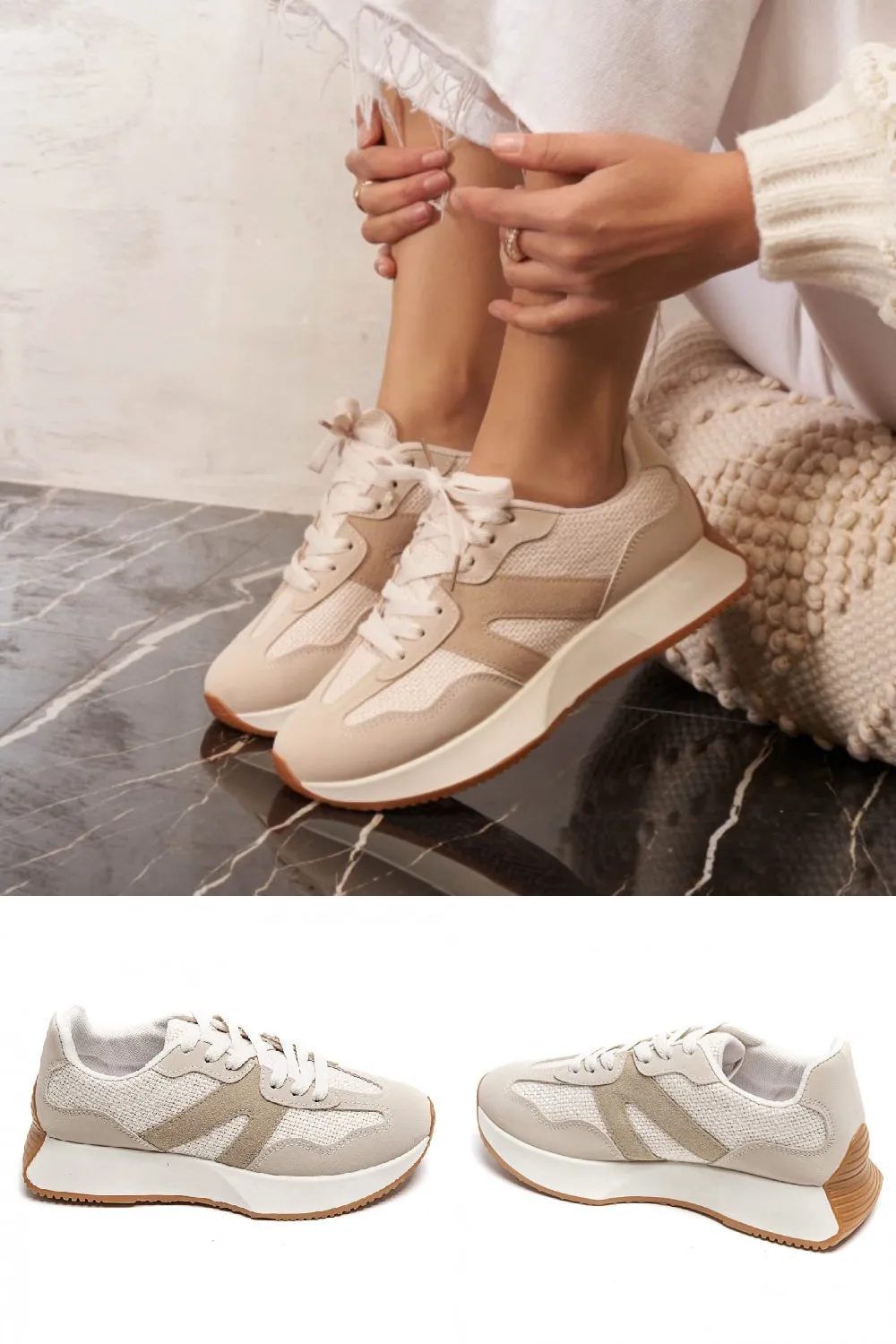 KHAKI LACE UP SIDE DETAIL FASHION DESIGNER TRAINERS