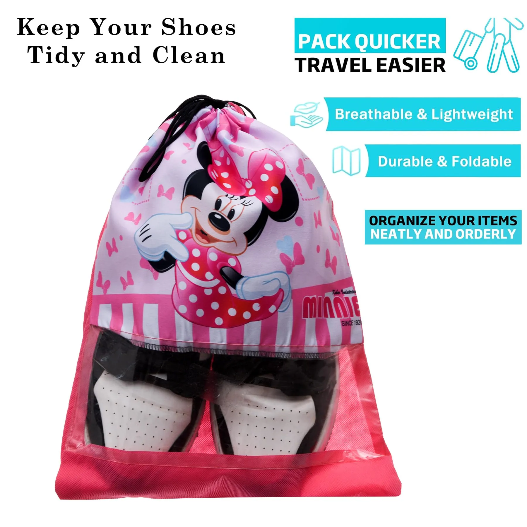 Kuber Industries Disney Minnie Shoe Cover | Travel Shoe Storage Bags | Polyester Storage Bag | Drawstring Shoe Cover | Shoe Organizer with Clear Window | Pack of 18 | Pink